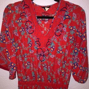 Vintage Diane Fries Red Floral Dress with Elastic Waist Size Large GUC